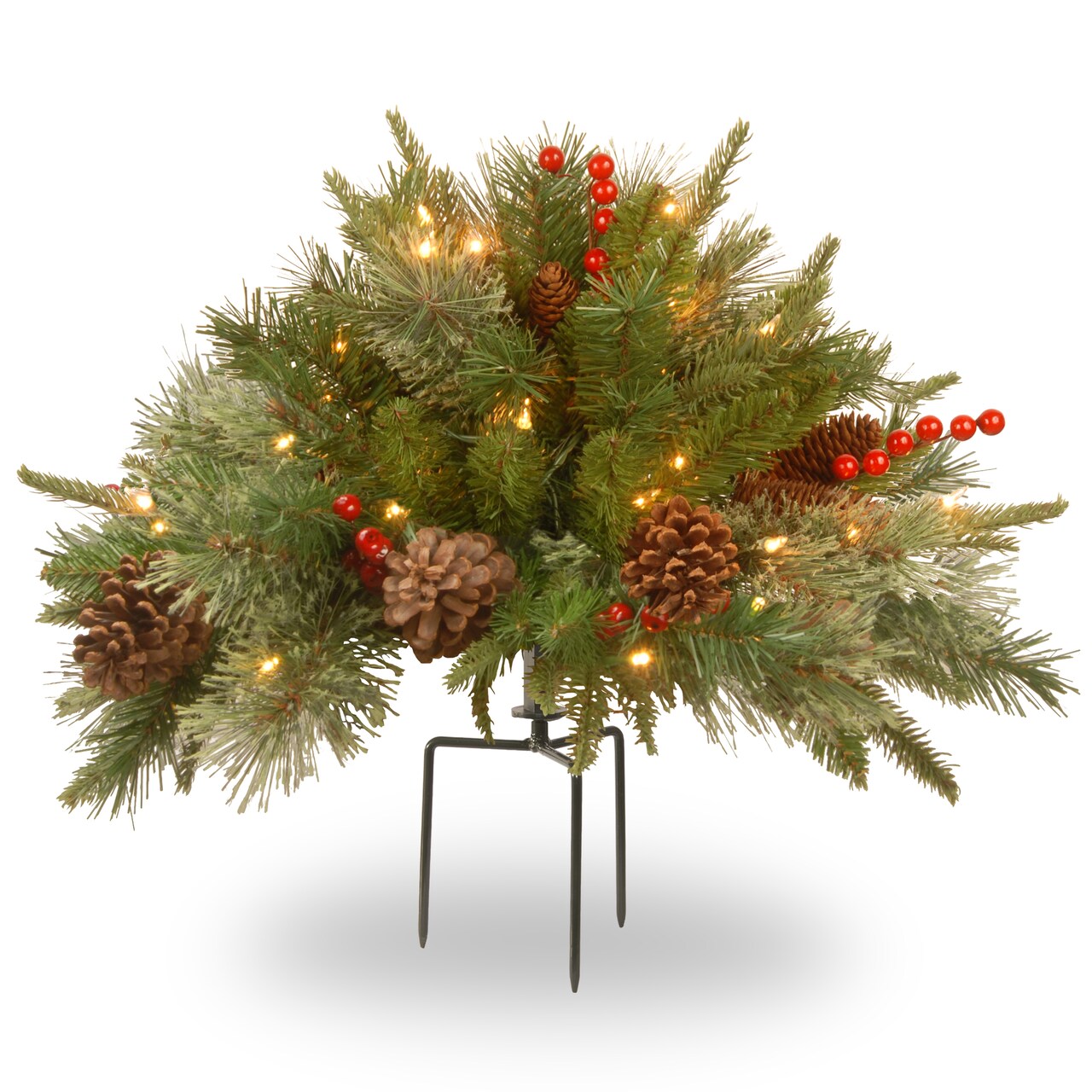 National Tree Company Pre-Lit Feel Real® Artificial Colonial Urn Filler, Green, Warm White Lights, LED, Battery Operated, Timer, Pine Cones, Berries, 18 inch, Indoor or Outdoor Use.